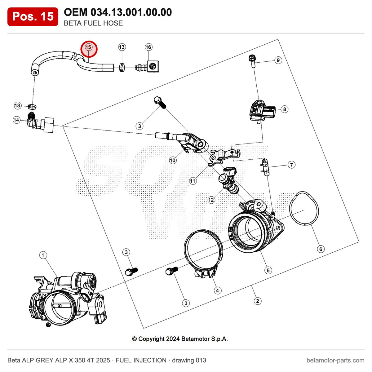 BETA FUEL HOSE – OEM 034.13.001.00.00, position 15 on the Beta ALP GREY ALP X 350 4T 2025 fuel injection drawing