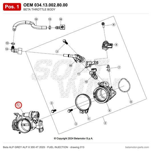 BETA THROTTLE BODY – OEM 034.13.002.80.00, position 1 on the Beta ALP GREY ALP X 350 4T 2025 fuel injection drawing