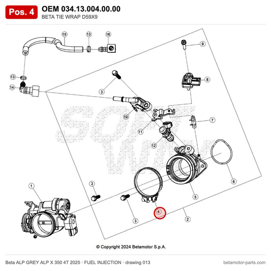 BETA TIE WRAP D59X9 – OEM 034.13.004.00.00, position 4 on the Beta ALP GREY ALP X 350 4T 2025 fuel injection drawing