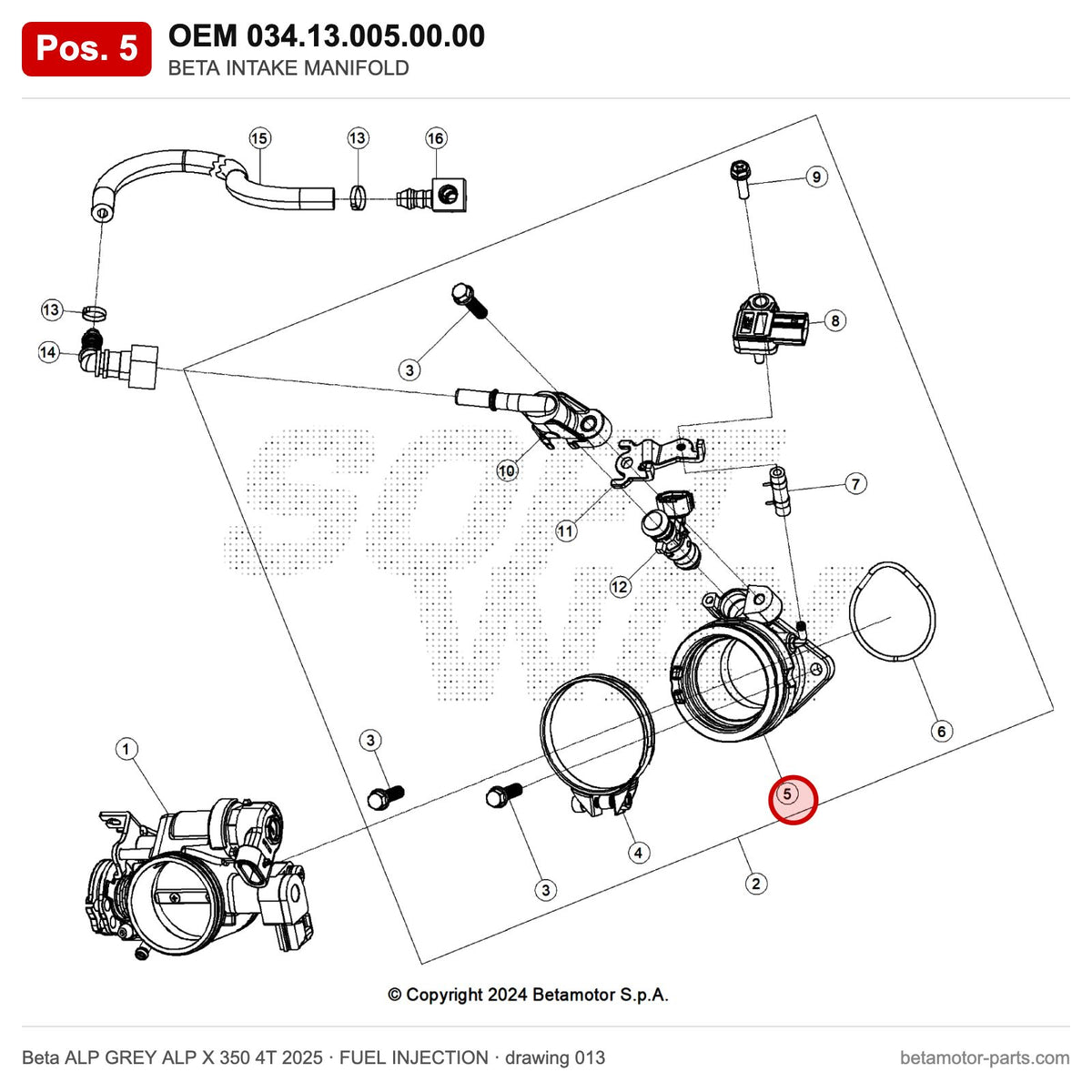 BETA INTAKE MANIFOLD – OEM 034.13.005.00.00, position 5 on the Beta ALP GREY ALP X 350 4T 2025 fuel injection drawing
