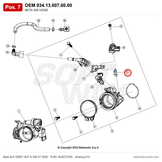 BETA AIR HOSE – OEM 034.13.007.00.00, position 7 on the Beta ALP GREY ALP X 350 4T 2025 fuel injection drawing