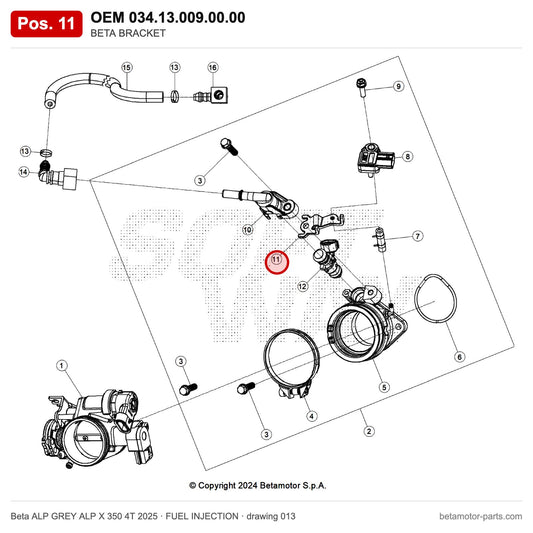 BETA BRACKET – OEM 034.13.009.00.00, position 11 on the Beta ALP GREY ALP X 350 4T 2025 fuel injection drawing