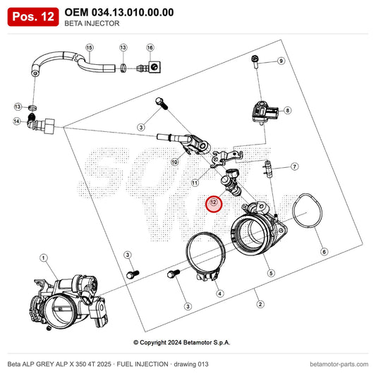 BETA INJECTOR – OEM 034.13.010.00.00, position 12 on the Beta ALP GREY ALP X 350 4T 2025 fuel injection drawing