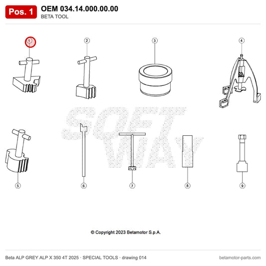 BETA TOOL – OEM 034.14.000.00.00, position 1 on the Beta ALP GREY ALP X 350 4T 2025 special tools drawing