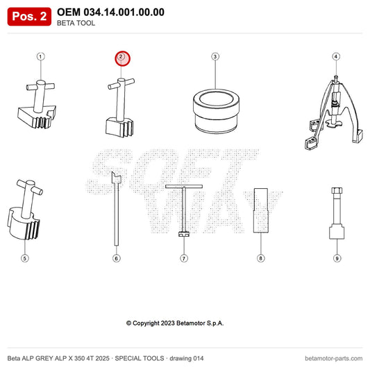BETA TOOL – OEM 034.14.001.00.00, position 2 on the Beta ALP GREY ALP X 350 4T 2025 special tools drawing