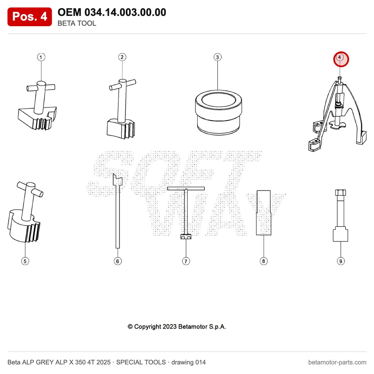 BETA TOOL – OEM 034.14.003.00.00, position 4 on the Beta ALP GREY ALP X 350 4T 2025 special tools drawing