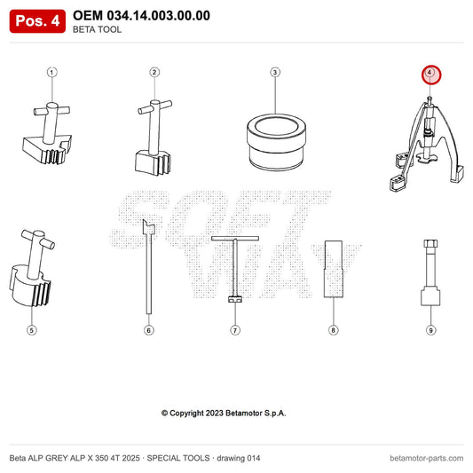 BETA TOOL – OEM 034.14.003.00.00, position 4 on the Beta ALP GREY ALP X 350 4T 2025 special tools drawing