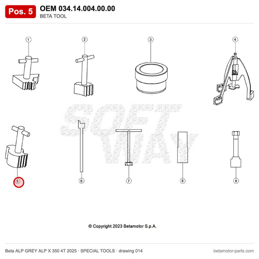 BETA TOOL – OEM 034.14.004.00.00, position 5 on the Beta ALP GREY ALP X 350 4T 2025 special tools drawing