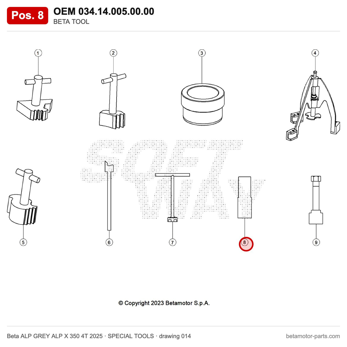 BETA TOOL – OEM 034.14.005.00.00, position 8 on the Beta ALP GREY ALP X 350 4T 2025 special tools drawing