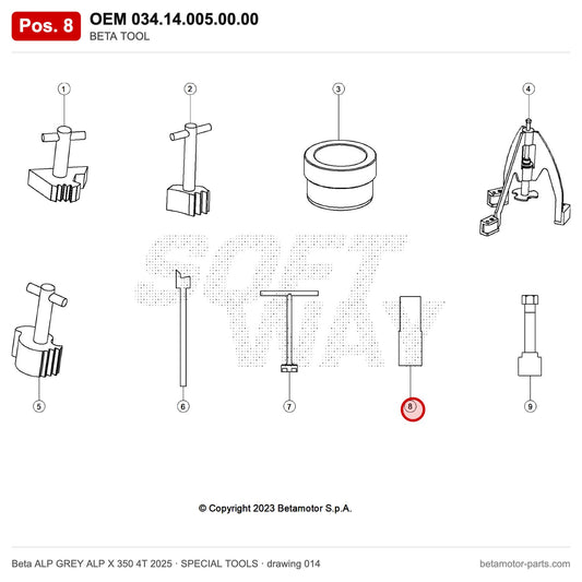 BETA TOOL – OEM 034.14.005.00.00, position 8 on the Beta ALP GREY ALP X 350 4T 2025 special tools drawing