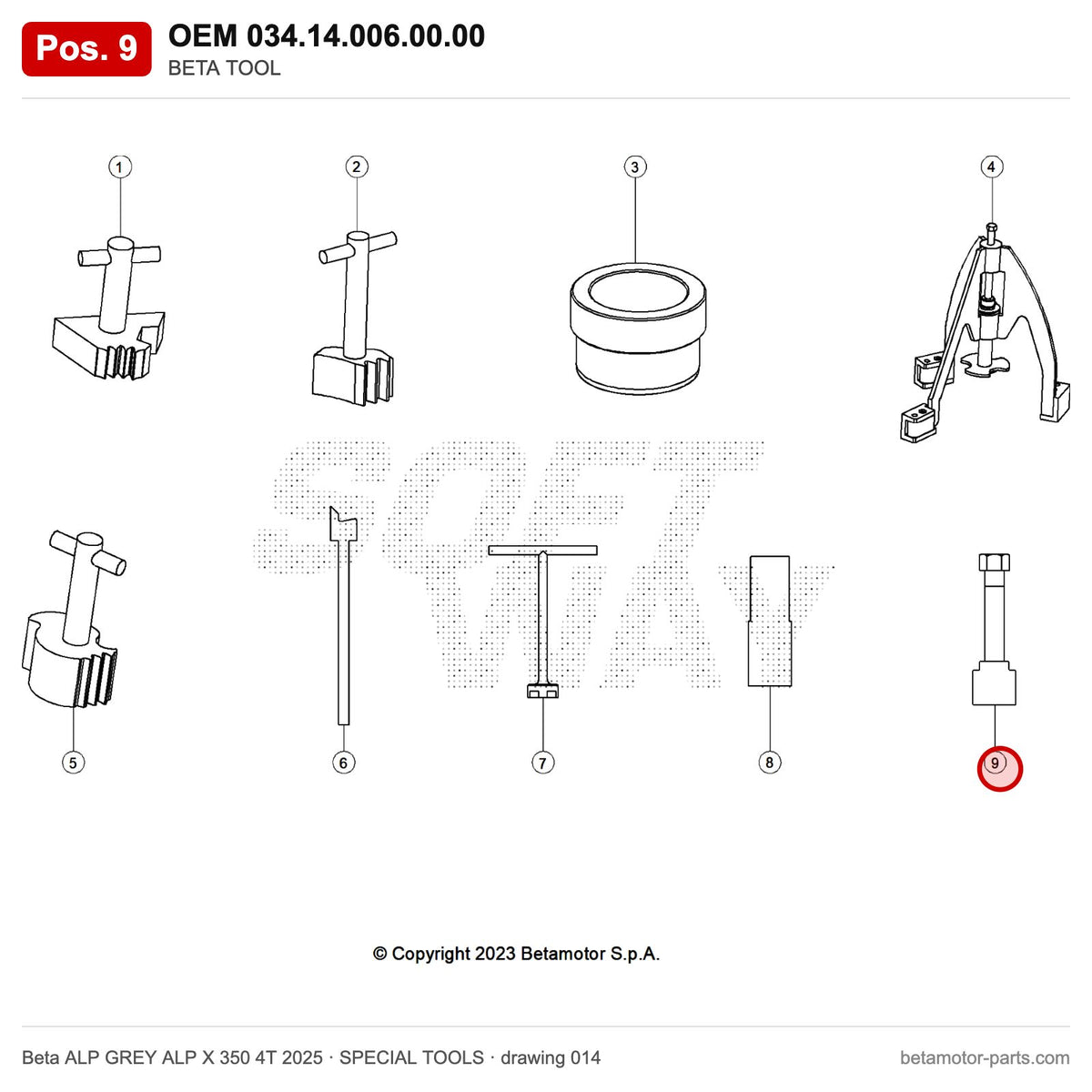 BETA TOOL – OEM 034.14.006.00.00, position 9 on the Beta ALP GREY ALP X 350 4T 2025 special tools drawing