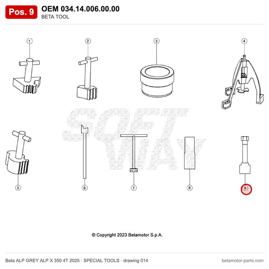 BETA TOOL – OEM 034.14.006.00.00, position 9 on the Beta ALP GREY ALP X 350 4T 2025 special tools drawing