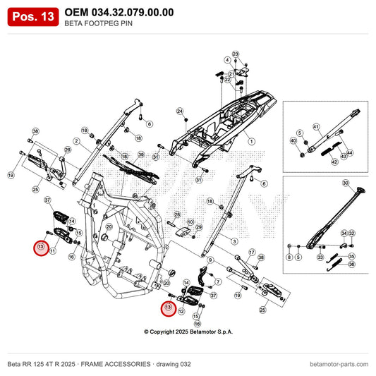 BETA FOOTPEG PIN – OEM 034.32.079.00.00, position 13 on the Beta RR 125 4T R 2025 frame accessories drawing