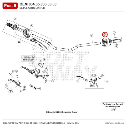 BETA LIGHTS SWITCH – OEM 034.35.003.00.00, position 9 on the Beta ALP GREY ALP X 350 4T 2025 handlebar/controls drawing