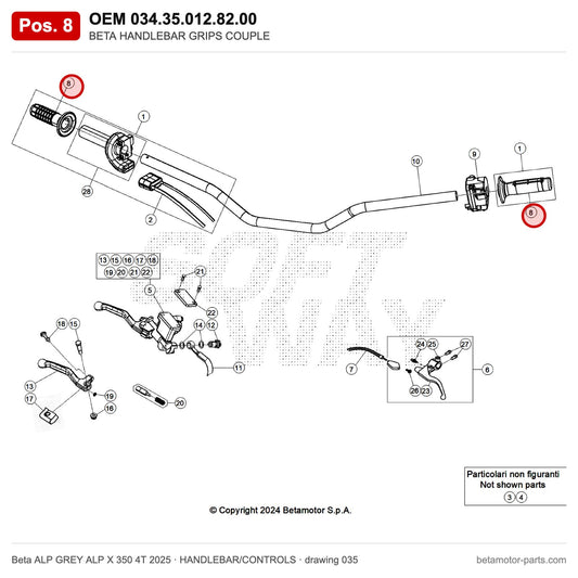 BETA HANDLEBAR GRIPS COUPLE – OEM 034.35.012.82.00, position 8 on the Beta ALP GREY ALP X 350 4T 2025 handlebar/controls drawing