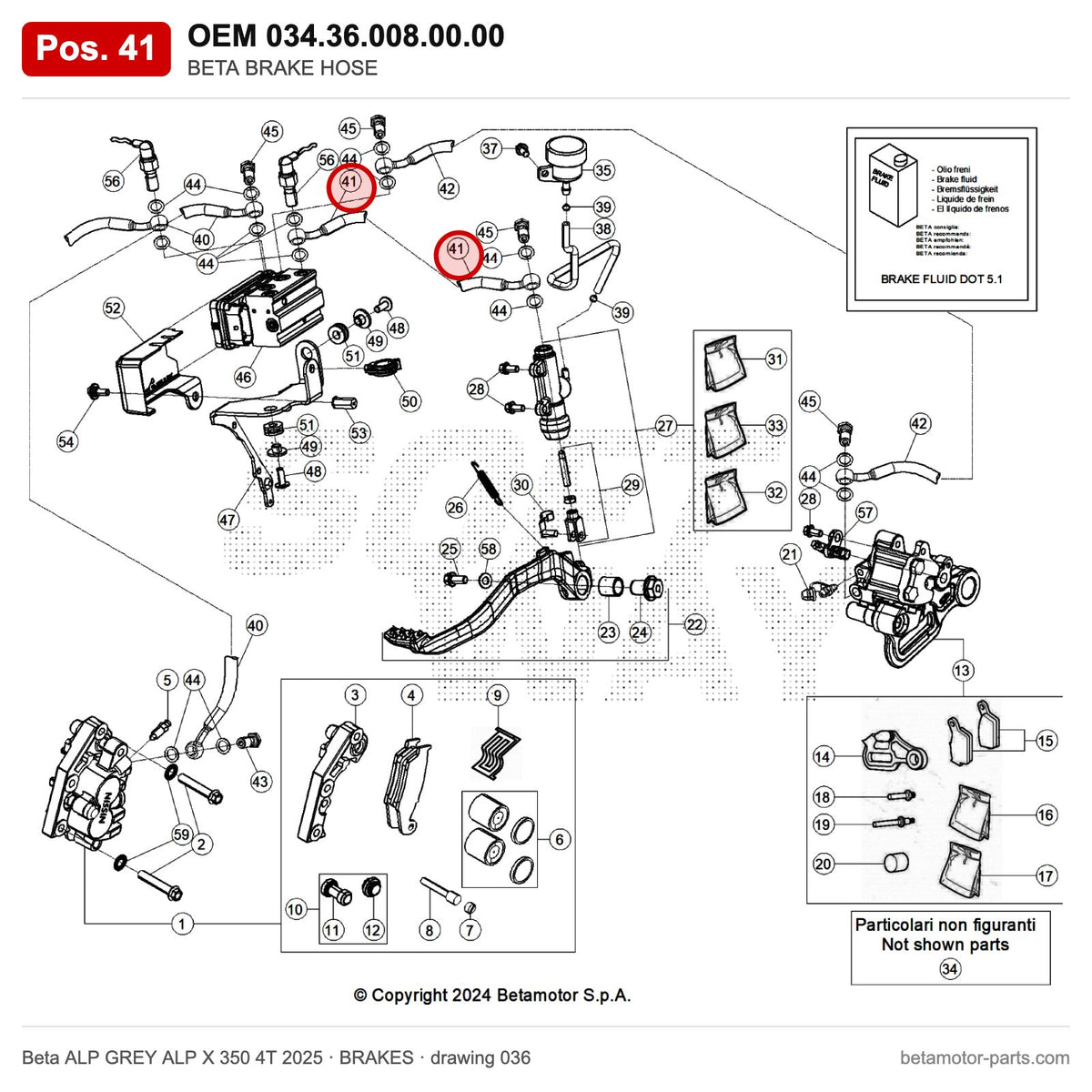 BETA BRAKE HOSE – OEM 034.36.008.00.00, position 41 on the Beta ALP GREY ALP X 350 4T 2025 brakes drawing