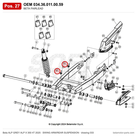 BETA FAIRLEAD – OEM 034.36.011.00.59, position 27 on the Beta ALP GREY ALP X 350 4T 2025 swing arm/rear suspension drawing