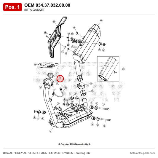 BETA GASKET – OEM 034.37.032.00.00, position 1 on the Beta ALP GREY ALP X 350 4T 2025 exhaust system drawing