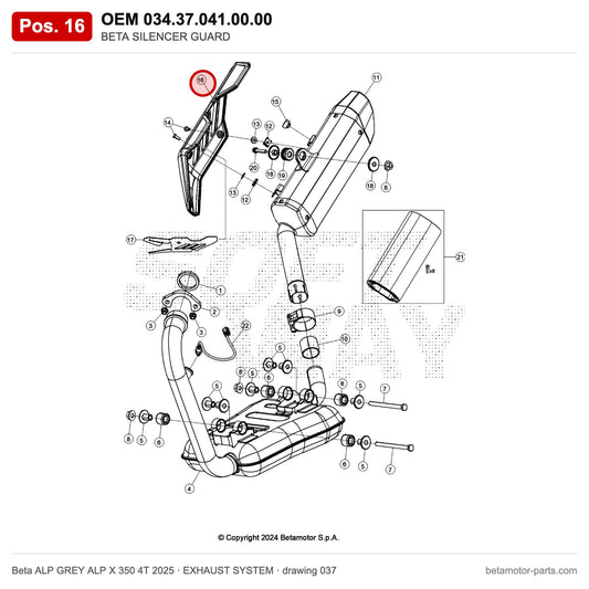 BETA SILENCER GUARD – OEM 034.37.041.00.00, position 16 on the Beta ALP GREY ALP X 350 4T 2025 exhaust system drawing