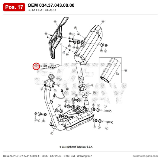 BETA HEAT GUARD – OEM 034.37.043.00.00, position 17 on the Beta ALP GREY ALP X 350 4T 2025 exhaust system drawing