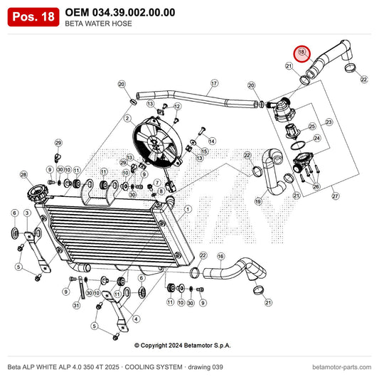 BETA WATER HOSE – OEM 034.39.002.00.00, position 18 on the Beta ALP WHITE ALP 4.0 350 4T 2025 cooling system drawing