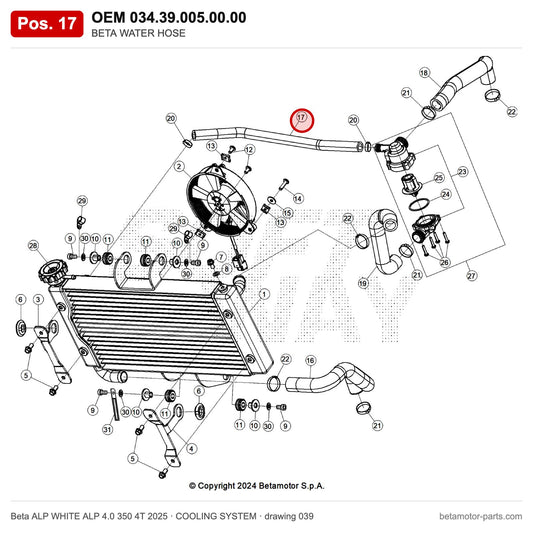 BETA WATER HOSE – OEM 034.39.005.00.00, position 17 on the Beta ALP WHITE ALP 4.0 350 4T 2025 cooling system drawing