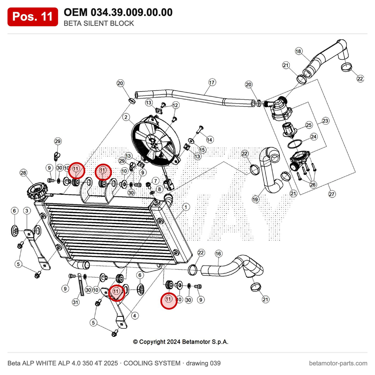 BETA SILENT BLOCK – OEM 034.39.009.00.00, position 11 on the Beta ALP WHITE ALP 4.0 350 4T 2025 cooling system drawing