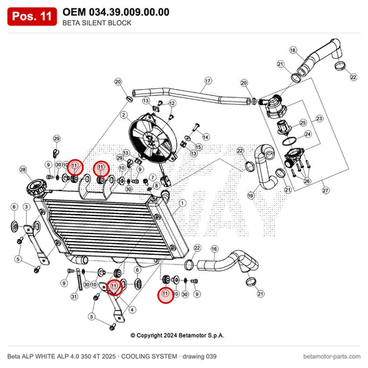 BETA SILENT BLOCK – OEM 034.39.009.00.00, position 11 on the Beta ALP WHITE ALP 4.0 350 4T 2025 cooling system drawing
