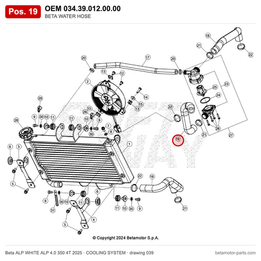 BETA WATER HOSE – OEM 034.39.012.00.00, position 19 on the Beta ALP WHITE ALP 4.0 350 4T 2025 cooling system drawing