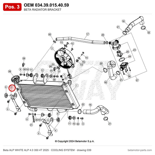 BETA RADIATOR BRACKET – OEM 034.39.015.40.59, position 3 on the Beta ALP WHITE ALP 4.0 350 4T 2025 cooling system drawing