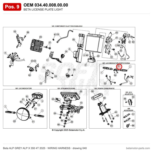 BETA LICENSE PLATE LIGHT – OEM 034.40.008.00.00, position 9 on the Beta ALP GREY ALP X 350 4T 2025 wiring harness drawing