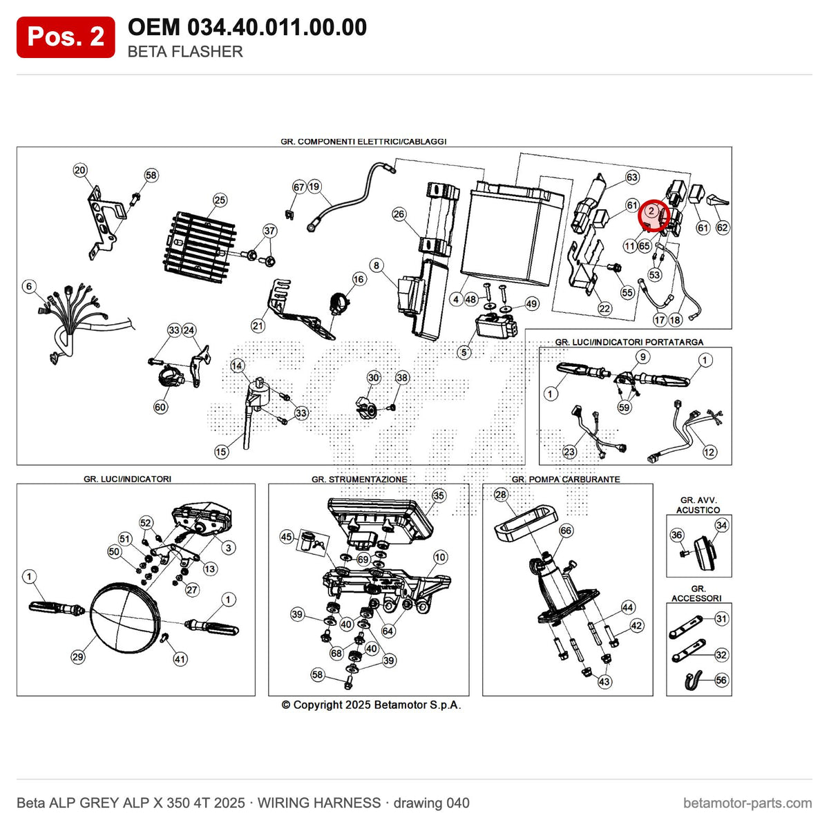 BETA FLASHER – OEM 034.40.011.00.00, position 2 on the Beta ALP GREY ALP X 350 4T 2025 wiring harness drawing
