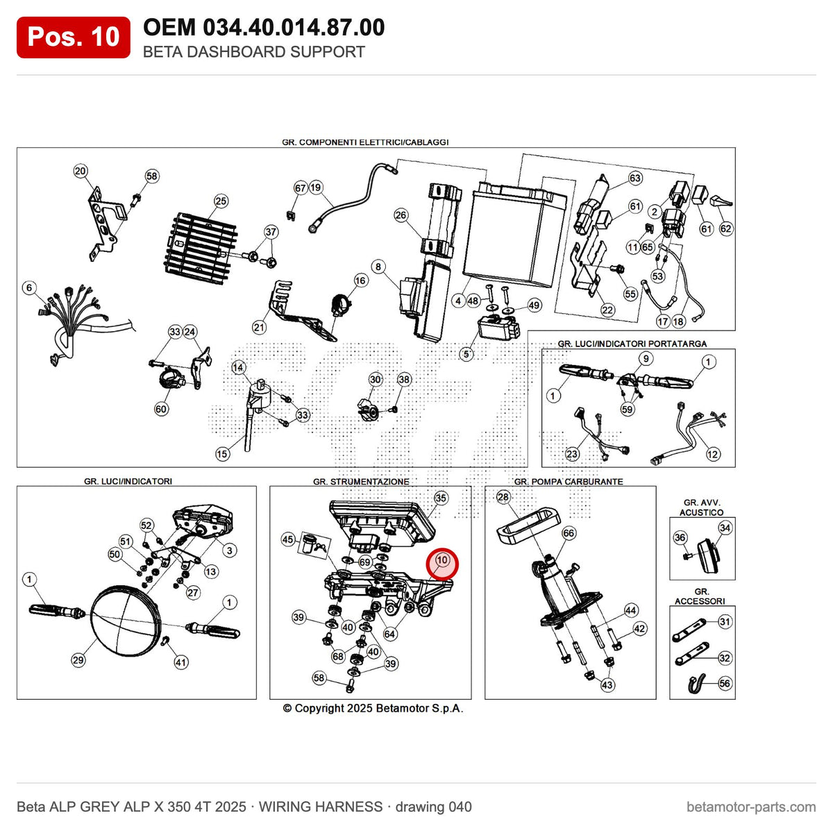 BETA DASHBOARD SUPPORT – OEM 034.40.014.87.00, position 10 on the Beta ALP GREY ALP X 350 4T 2025 wiring harness drawing
