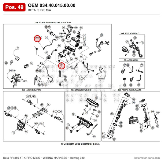 BETA FUSE 15A – OEM 034.40.015.00.00, position 49 on the Beta RR 350 4T X-PRO MY27 wiring harness drawing