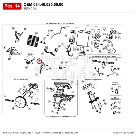 BETA COIL – OEM 034.40.025.00.00, position 14 on the Beta ALP GREY ALP X 350 4T 2025 wiring harness drawing