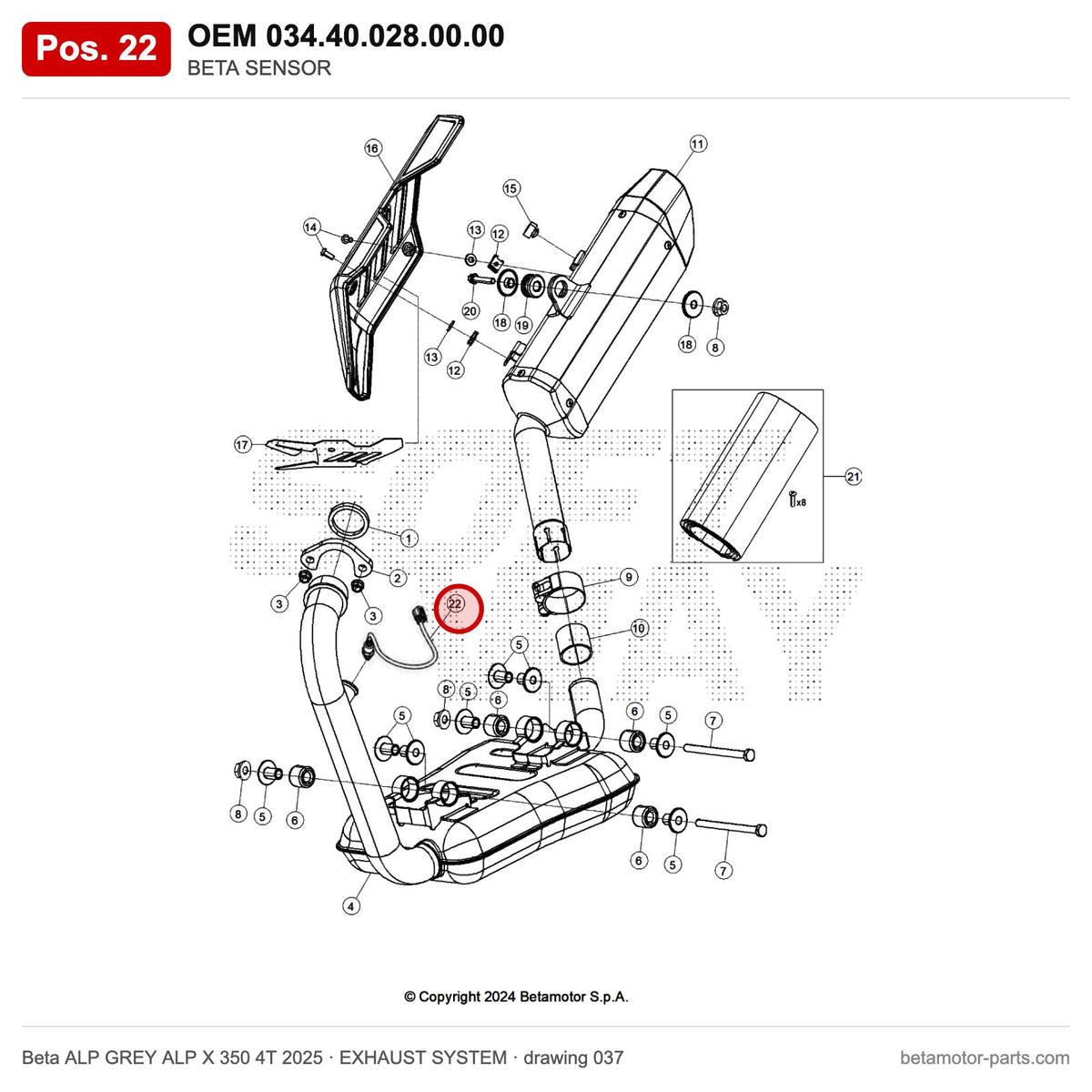 BETA SENSOR – OEM 034.40.028.00.00, position 22 on the Beta ALP GREY ALP X 350 4T 2025 exhaust system drawing
