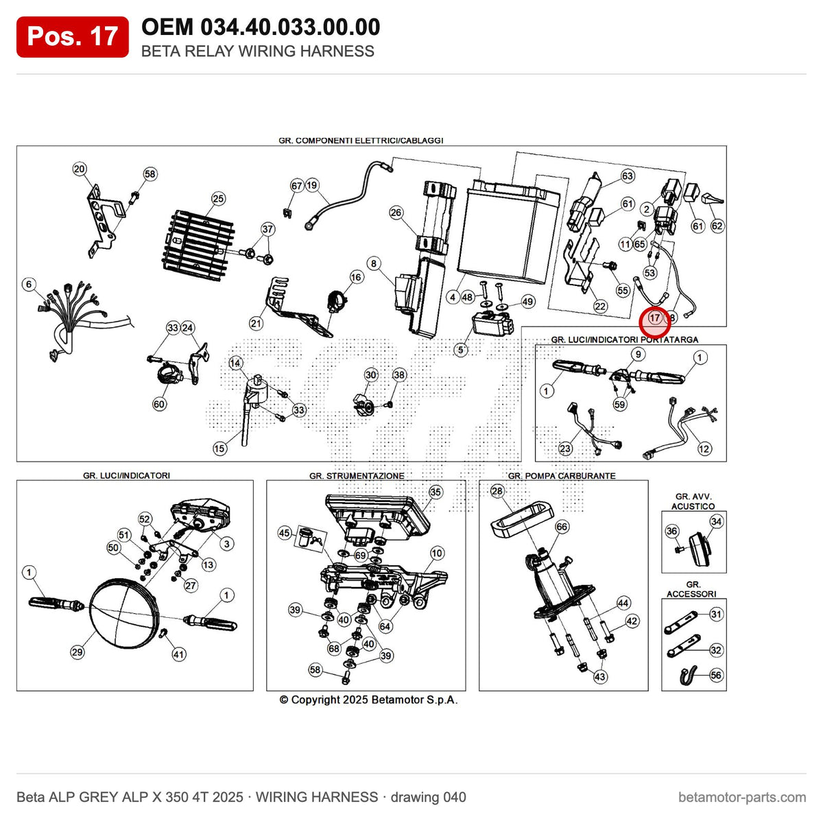 BETA RELAY WIRING HARNESS – OEM 034.40.033.00.00, position 17 on the Beta ALP GREY ALP X 350 4T 2025 wiring harness drawing