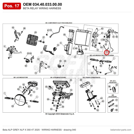 BETA RELAY WIRING HARNESS – OEM 034.40.033.00.00, position 17 on the Beta ALP GREY ALP X 350 4T 2025 wiring harness drawing