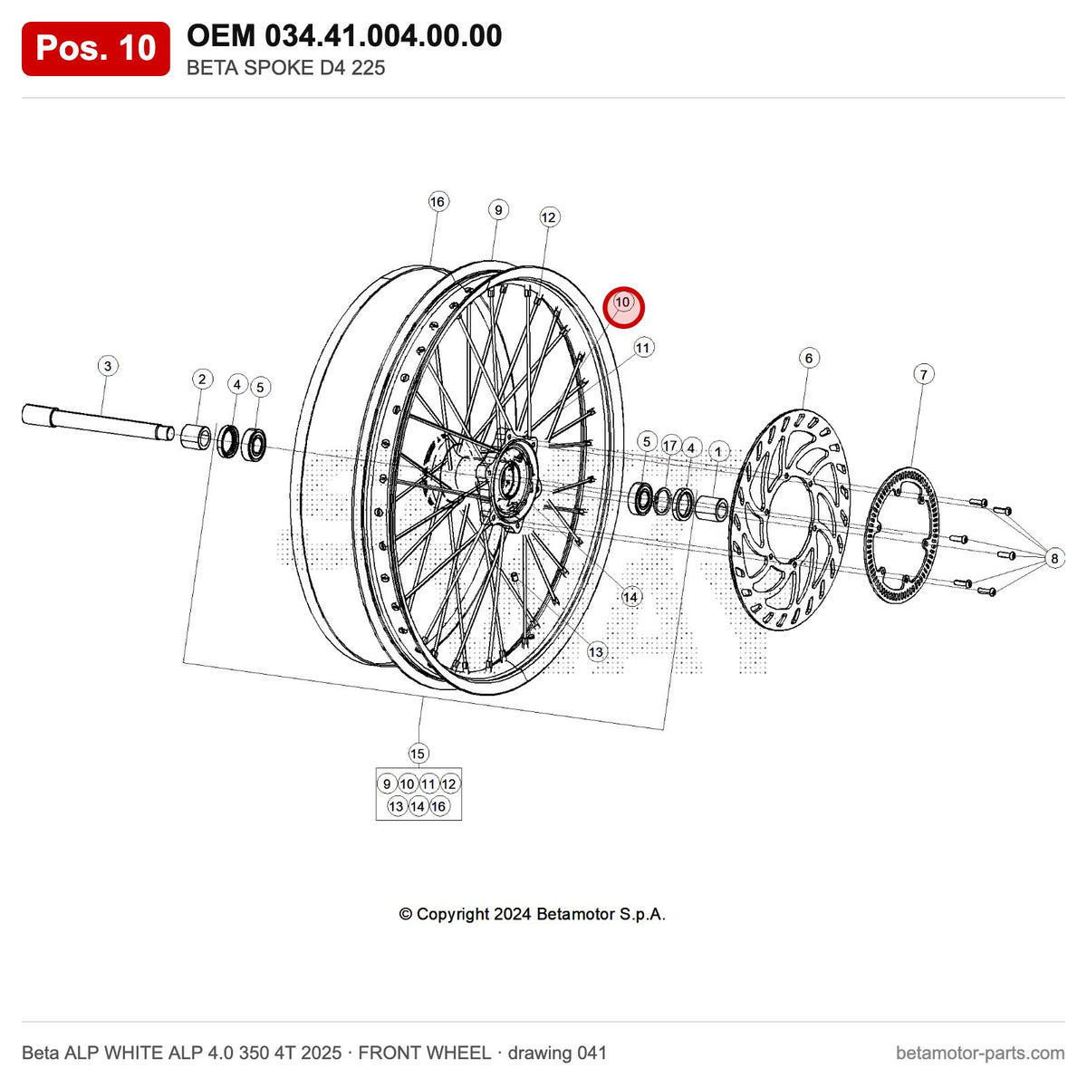 BETA SPOKE D4 225 – OEM 034.41.004.00.00, position 10 on the Beta ALP WHITE ALP 4.0 350 4T 2025 front wheel drawing