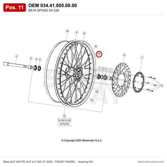 BETA SPOKE D4 228 – OEM 034.41.005.00.00, position 11 on the Beta ALP WHITE ALP 4.0 350 4T 2025 front wheel drawing