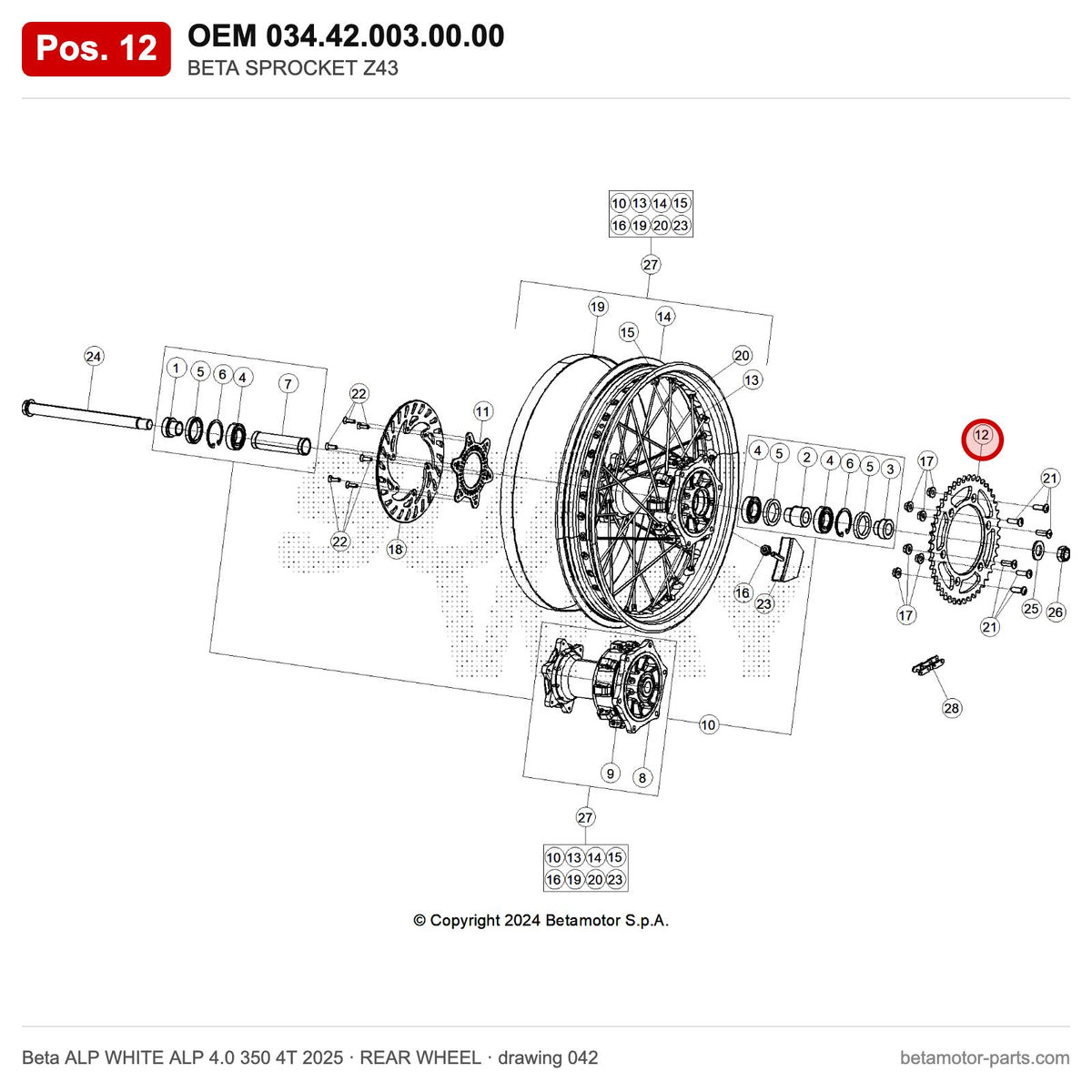 BETA SPROCKET Z44 – OEM 034.42.003.00.00, position 12 on the Beta ALP WHITE ALP 4.0 350 4T 2025 rear wheel drawing