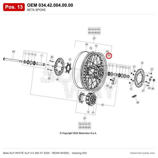 BETA SPOKE – OEM 034.42.004.00.00, position 13 on the Beta ALP WHITE ALP 4.0 350 4T 2025 rear wheel drawing