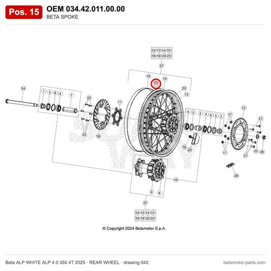 BETA SPOKE – OEM 034.42.011.00.00, position 15 on the Beta ALP WHITE ALP 4.0 350 4T 2025 rear wheel drawing