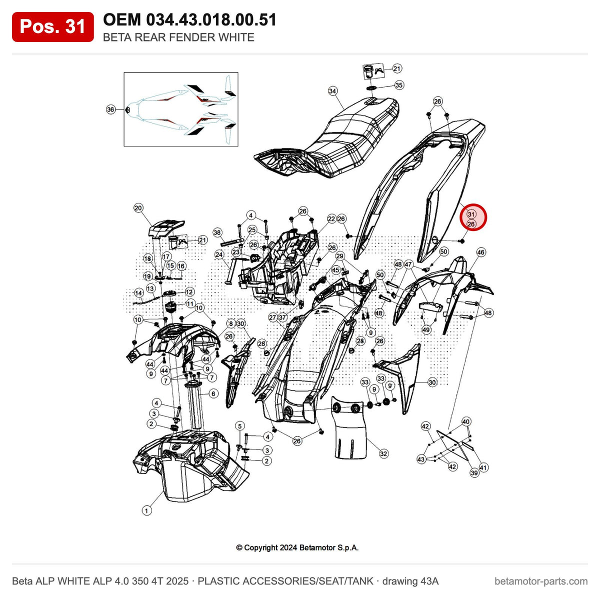 BETA REAR FENDER WHITE – OEM 034.43.018.00.51, position 31 on the Beta ALP WHITE ALP 4.0 350 4T 2025 plastic accessories/seat/tank drawing