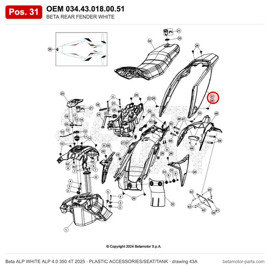 BETA REAR FENDER WHITE – OEM 034.43.018.00.51, position 31 on the Beta ALP WHITE ALP 4.0 350 4T 2025 plastic accessories/seat/tank drawing