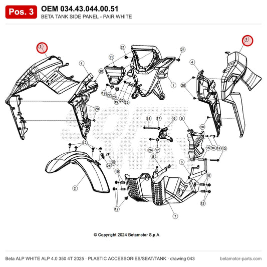 BETA TANK SIDE PANEL - PAIR WHITE – OEM 034.43.044.00.51, position 3 on the Beta ALP WHITE ALP 4.0 350 4T 2025 plastic accessories/seat/tank drawing
