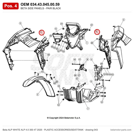 BETA SIDE PANELS - PAIR BLACK – OEM 034.43.045.00.59, position 4 on the Beta ALP WHITE ALP 4.0 350 4T 2025 plastic accessories/seat/tank drawing