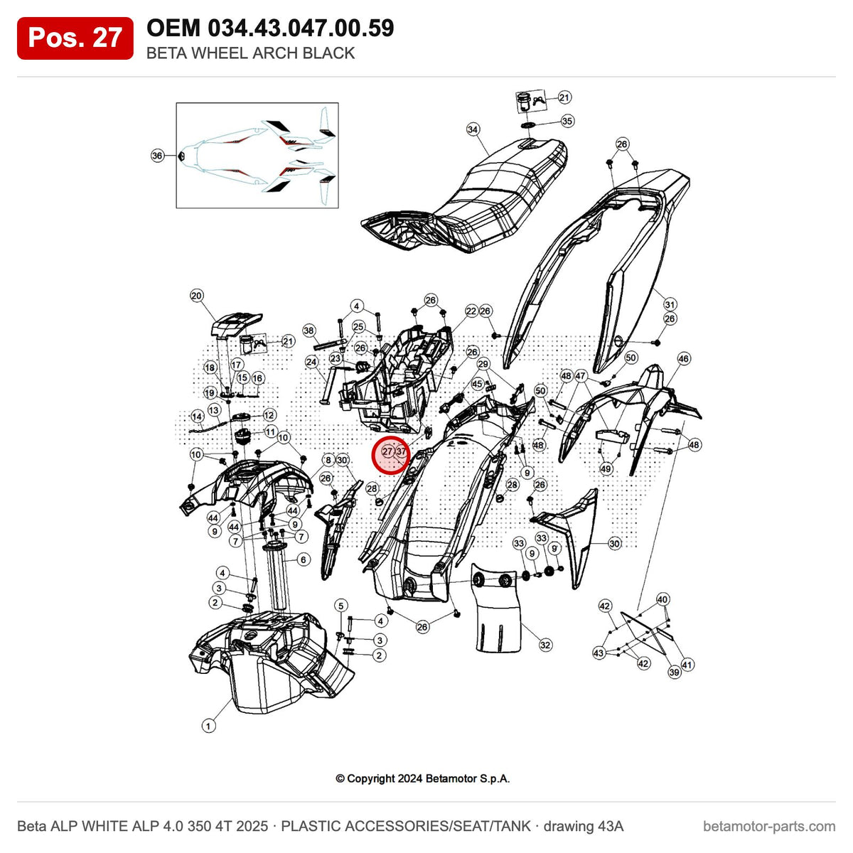 BETA WHEEL ARCH BLACK – OEM 034.43.047.00.59, position 27 on the Beta ALP WHITE ALP 4.0 350 4T 2025 plastic accessories/seat/tank drawing