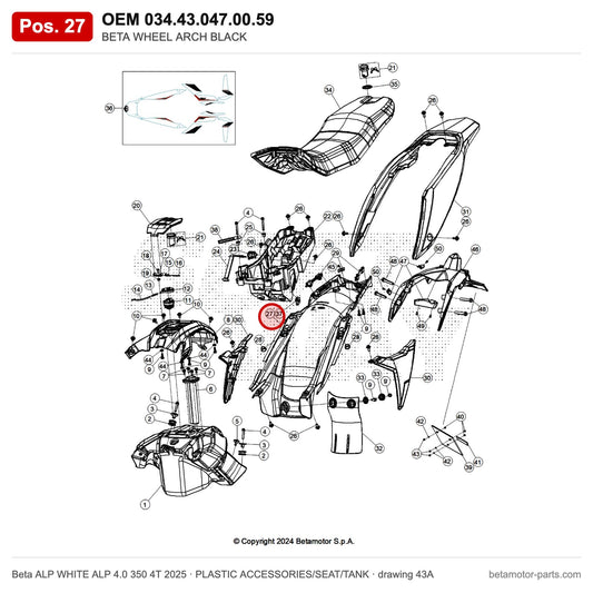 BETA WHEEL ARCH BLACK – OEM 034.43.047.00.59, position 27 on the Beta ALP WHITE ALP 4.0 350 4T 2025 plastic accessories/seat/tank drawing