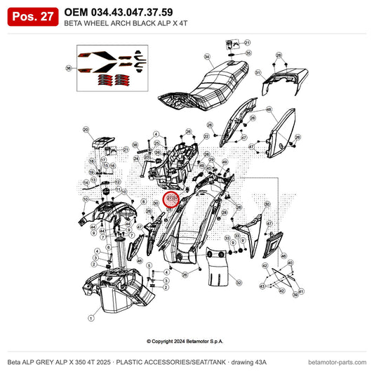 BETA WHEEL ARCH BLACK ALP X 4T – OEM 034.43.047.37.59, position 27 on the Beta ALP GREY ALP X 350 4T 2025 plastic accessories/seat/tank drawing